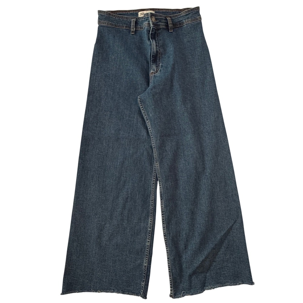 Zara Womens High Rise Wide Leg Jeans Medium Wash Raw Hem Size 12 EUR 44